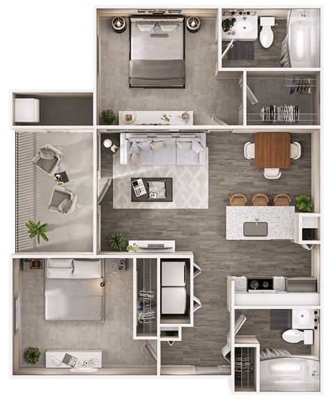 Floor plan for 2 beds, 2 baths, 910 sqft